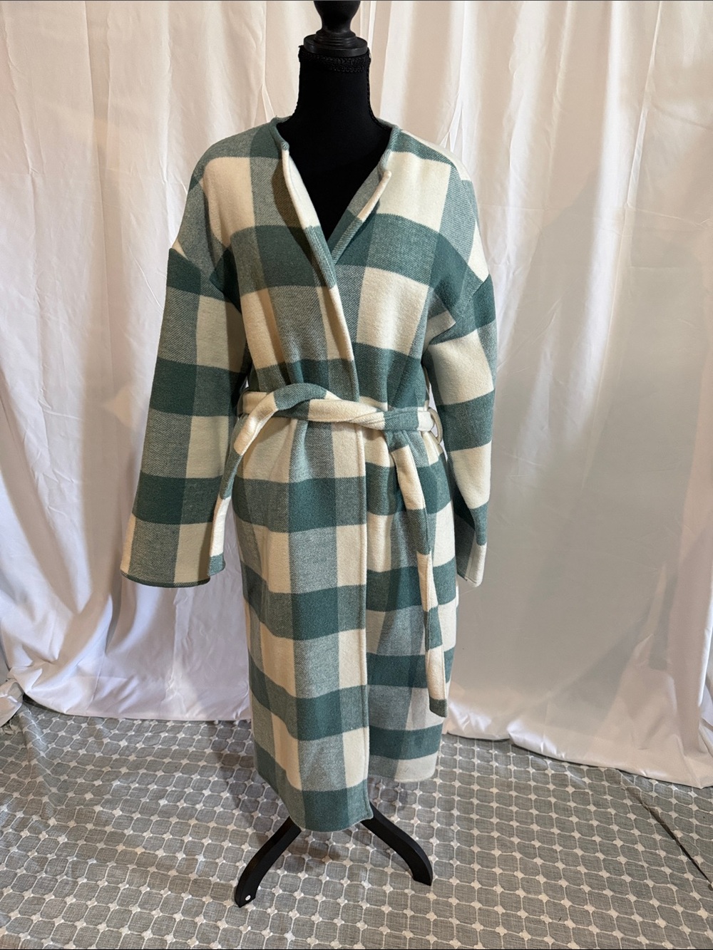 LOFT Check Plaid Wrap Coatigan in Cream and Green